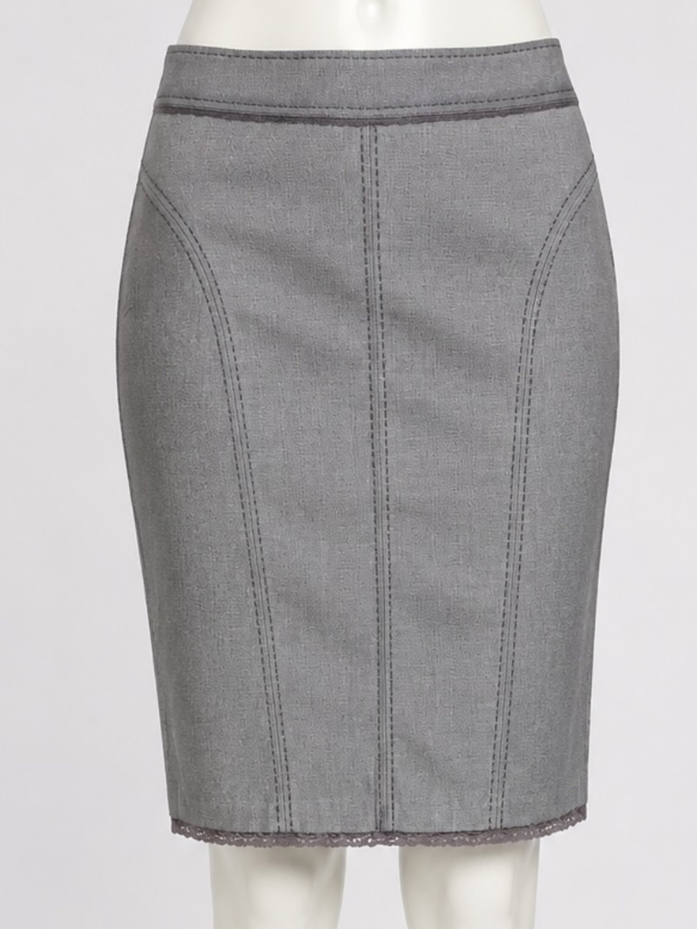 Vintage Mirey Grey Contrast Stitch Pencil Skirt Lace Trim Detail Size EU 38 (S)